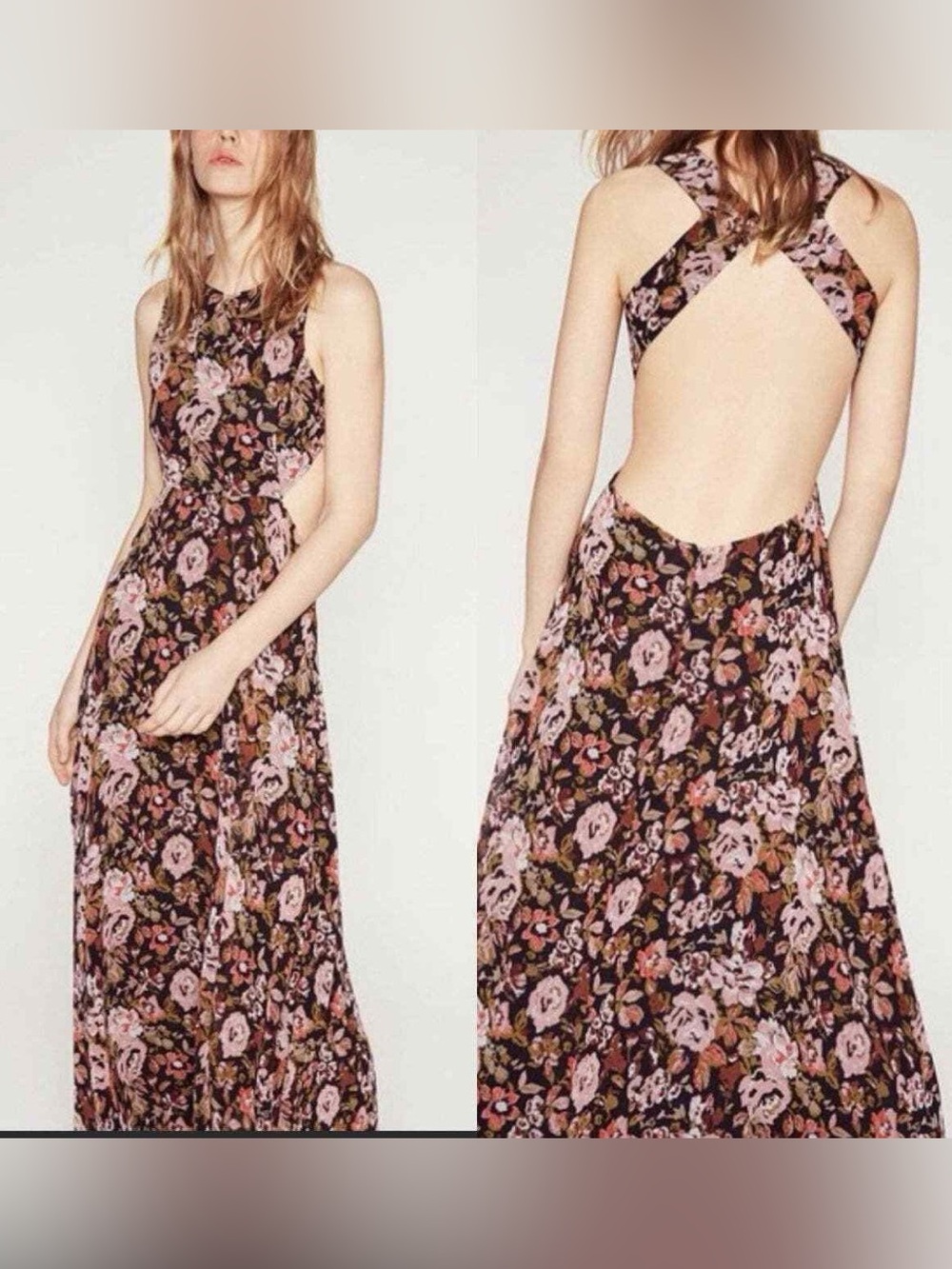 Floral Open-Back Maxi Dress in Black and Pink